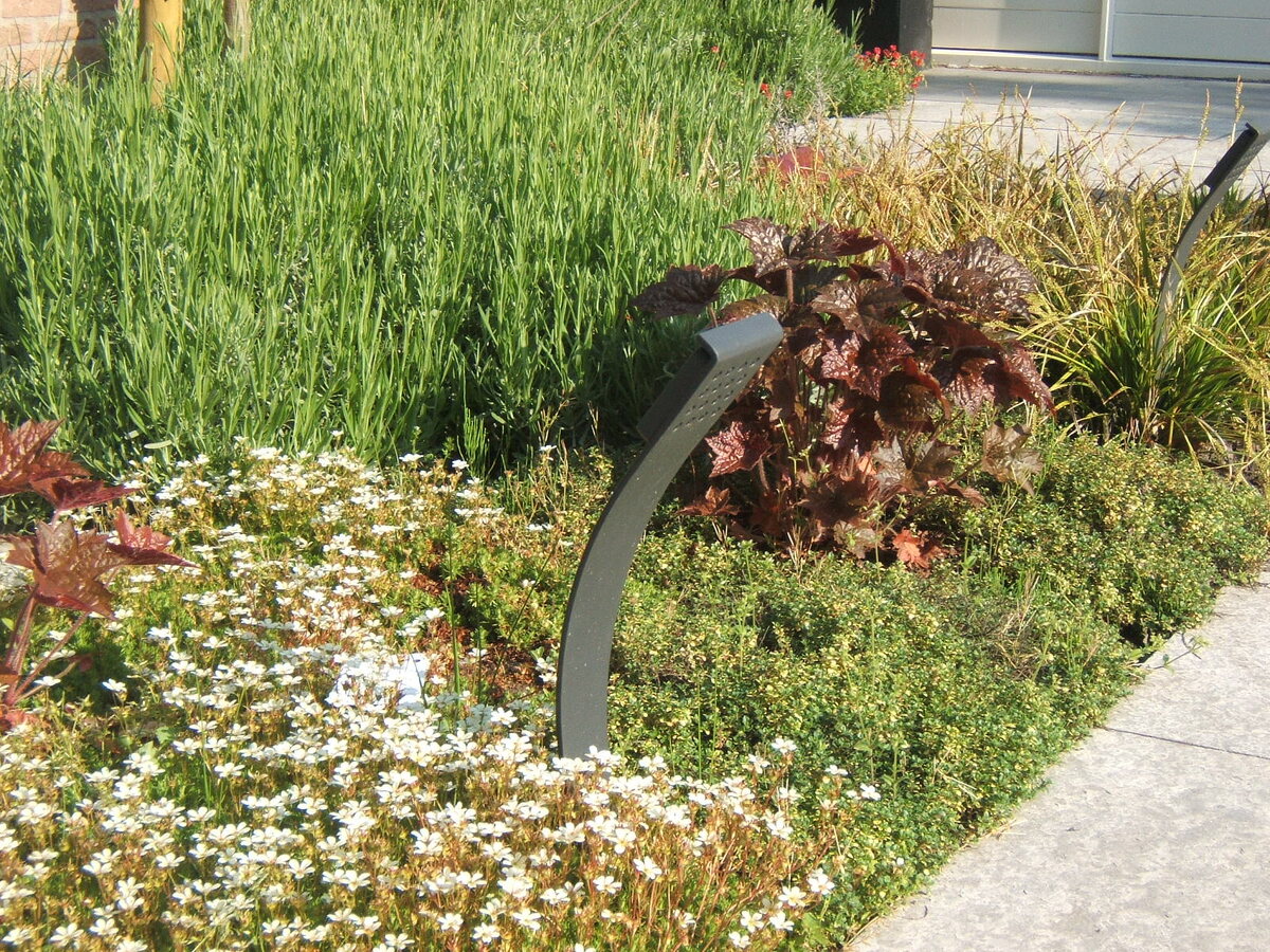 Border met siergrassen, vaste planten en een cortenstalen element